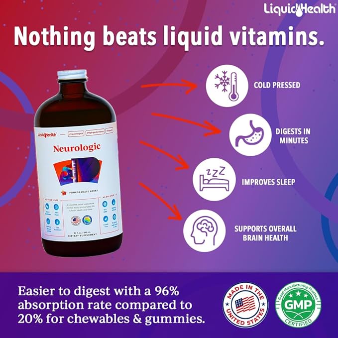 LIQUIDHEALTH Neurologic Focus Supplement - Brain Booster Nootropic Supplement for Cognitive Function, Memory & Focus with Ginkgo Biloba, Choline, L-Theanine & Phosphatidylserine - USA Made (2 Pack)