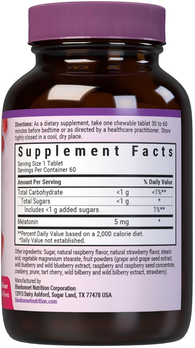Bluebonnet EarthSweet Melatonin 5 mg Fast-Acting Quick Dissolve Nighttime Relaxation & Restful Sleep Support - Sleep Aid - Gluten-Free, Vegan - Raspberry Flavor - 60 Chewable Tablets