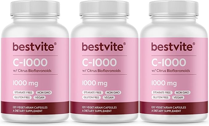 BESTVITE Vitamin C 1000mg (360 Vegetarian Capsules) (120 x 3) with Citrus Bioflavinoids - No Stearates - Vegan - Non GMO - Gluten Free