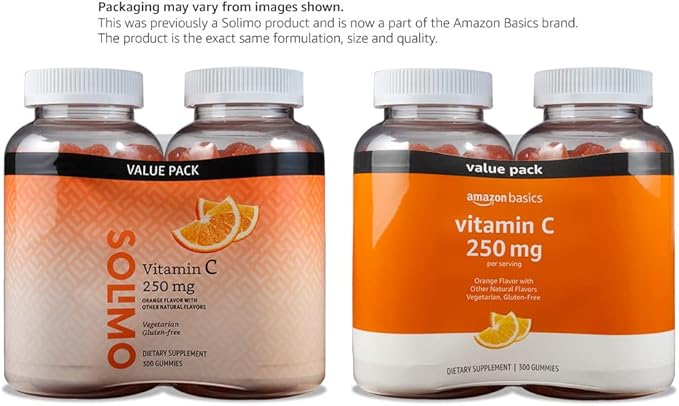 Amazon Basics - Vitamin C, 250 mg Gummies, Orange, 300 Count (2 Packs of 150), 2 per Serving (Previously Solimo)