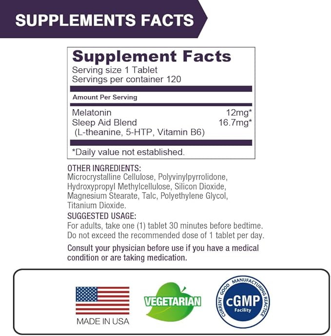 Lovita Melatonin 12 mg Fast Dissolve Tablets, Exclusive Formula with Vitamin B6, L-Theanine and 5-HTP 120 Tablets