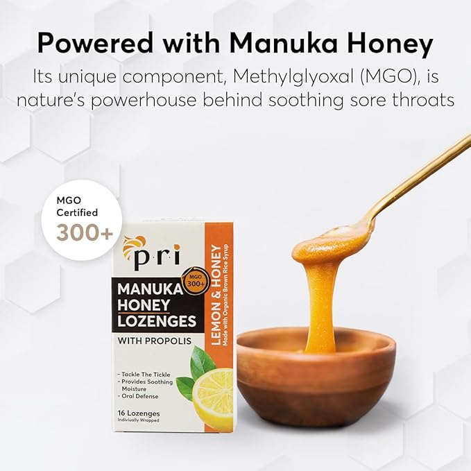 P.R.I Manuka Honey Lozenges with Propolis, Soothing Cough and Throat Drops, MGO 300+ Certified, (Lemon, 16 Count)