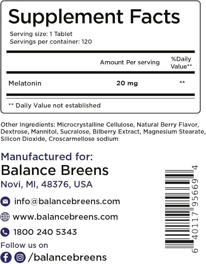 Balancebreens Melatonin 20mg Fast Dissolve Tablets - High Potency, Fast Acting, Natural Sleep Support - Sleep Aids for Adults - Non-Groggy, Drug-Free Formula - 120 Sleeping Pills