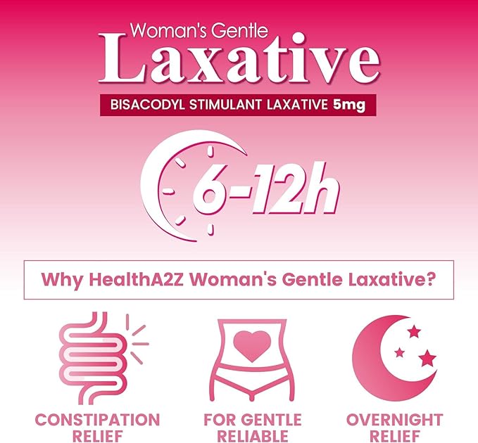 HealthA2Z® Woman's Gentle Laxative | Bisacodyl Stimulant Laxative 5mg | Constipation Relief | Gentle and Reliable | Overnight Relief (3 Pack x 25 tablest Each (75 Total))