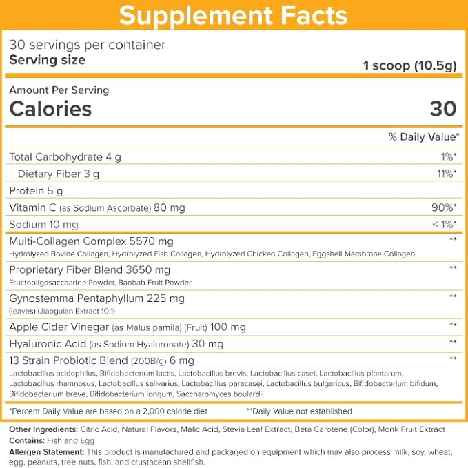 SkinnyFit - Super Youth, Orange Pineapple (30 Servings) - Multi Collagen Peptides Powder - Probiotics, Fiber, Hyaluronic Acid - Collagen for Women - Non GMO, Gluten Free, Sugar Free - Self Care