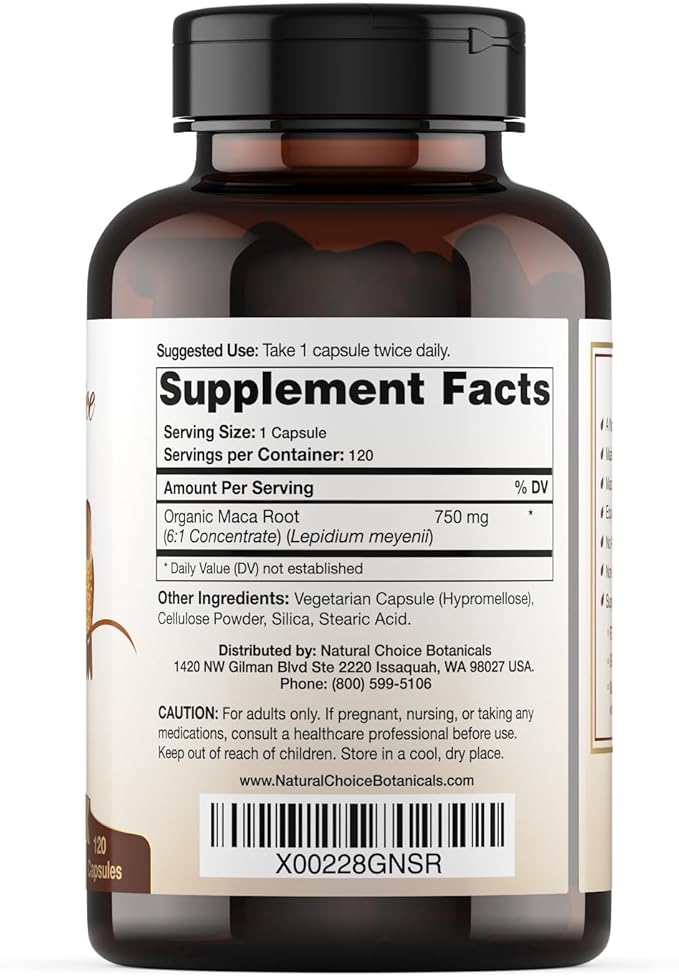 Organic Maca Root Capsules (High Potency), Non-GMO Verified Supplement - 120 Capsules, 2 Month Supply