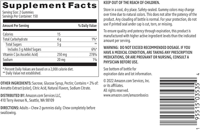 Amazon Basics - Vitamin C, 250 mg Gummies, Orange, 300 Count (2 Packs of 150), 2 per Serving (Previously Solimo)