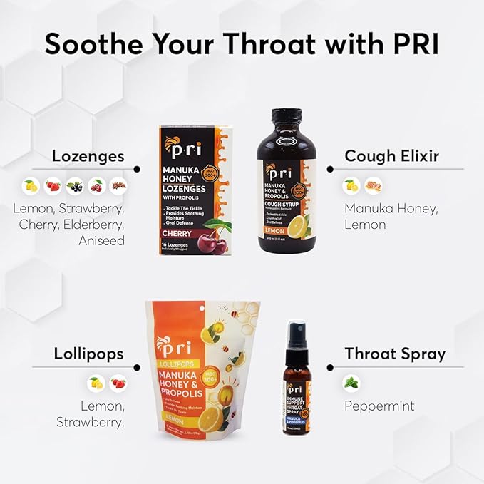 P.R.I Manuka Honey Lozenges with Propolis, Soothing Cough and Throat Drops, MGO 300+ Certified, (Lemon, 16 Count)