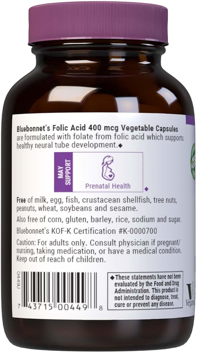 Bluebonnet Nutrition Folic Acid 400 mcg, Prenatal & Postnatal Health*, Non-GMO, Vegan, Kosher Certified, Gluten-Free, Soy-Free, Dairy-Free, 90 Vegetable Capsules, 90 Servings
