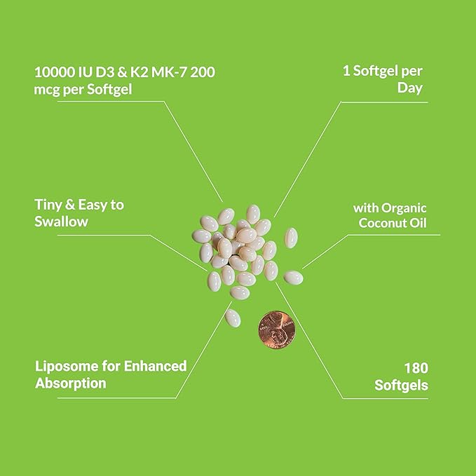 UpNourish Liposomal D3 K2 Vitamin 10000 IU D3 and K2 MK-7 200 mcg - 180 Vitamin D3 k2 (Vitamina D3 con K2) Mini Softgels - Easy to Swallow K2 D3 Vitamin