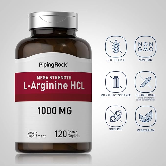 Piping Rock L-Arginine HCl 1000 mg | 120 Caplets | Mega Strength Supplement | Vegetarian, Non-GMO, Gluten Free