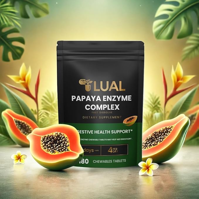 LUAL Papaya Enzyme Complex – Chewable Tablets with Papain, Bromelain & Digestive Enzymes – Supports Digestion & Nutrient Absorption – Natural Papaya Flavor – 180 Count