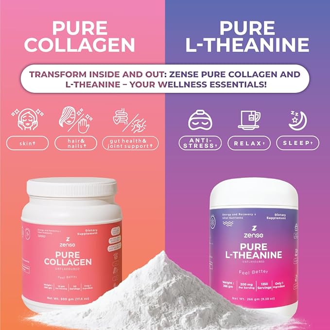 ZENSE Body & Brain Bundle Pure Collagen Powder (500gm) L-theanine Pure Powder (1,250servings) Natural, Free additive, Sugar Free, Soy Free, Filler Free, Tasteless & Odorless