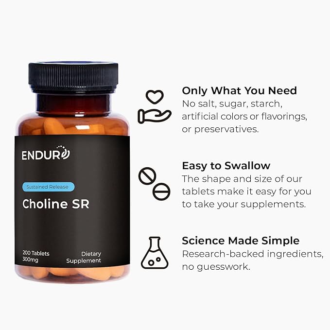 Choline Bitartrate Sustained Release - 300mg 200 Tablet - Promotes Brain Health, Mental Focus & Memory - Prenatal Supplement for Development & Growth - 100% Vegan & Non-GMO Co.