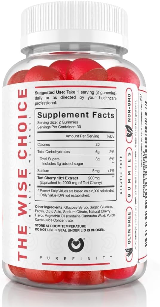 Tart Cherry Gummies – Uric Acid Flush for Joint Relief & Recovery, Raw Juice Extract Antioxidant – Non-GMO, Gluten Free, Vegan, 60 Count (Pack of 2)