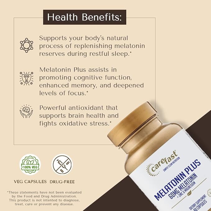 Melatonin Plus - High-Dose 60mg Melatonin with Zinc & Magnesium for Better Absorption - for Holistic Wellness - 180 Veggie Capsules