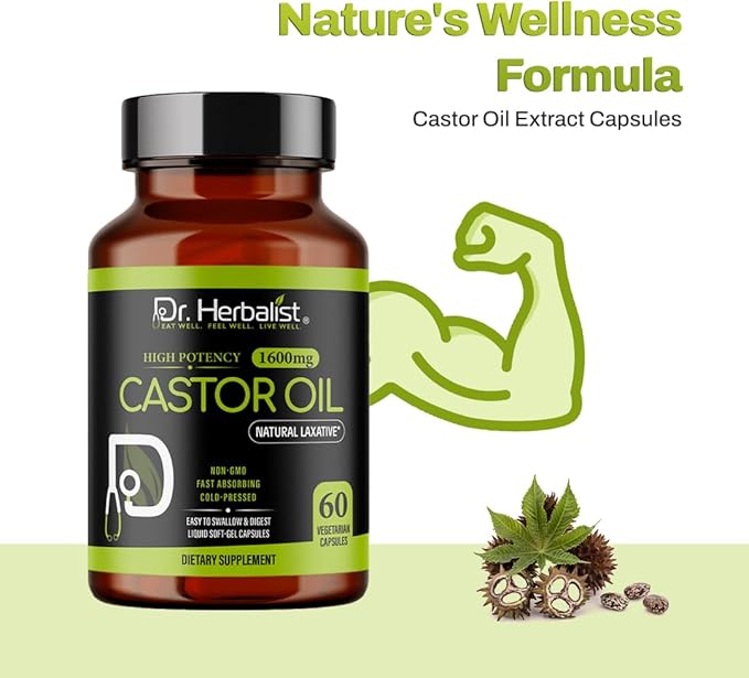 Dr. HERBALIST Castor Oil Capsules - 1600mg per Serving, 60 Count - Non-GMO, Fast-Absorbing, Vegetarian, Cold-Pressed, and High Potency - Supports Skin, Hair, Natural Laxatives and Digestive Health