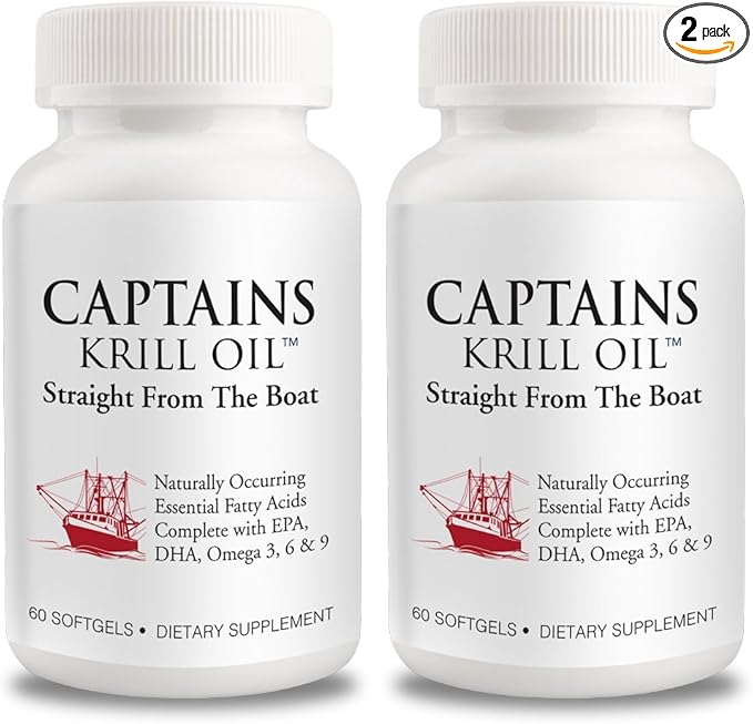 Captains Pure Antarctic Krill Oil Softgels | Omega 3 EPA, DHA with Astaxanthin & Phospholipids| No Additives or Chemicals | 1000mg per Serving, 60 Capsules, 2-Pack