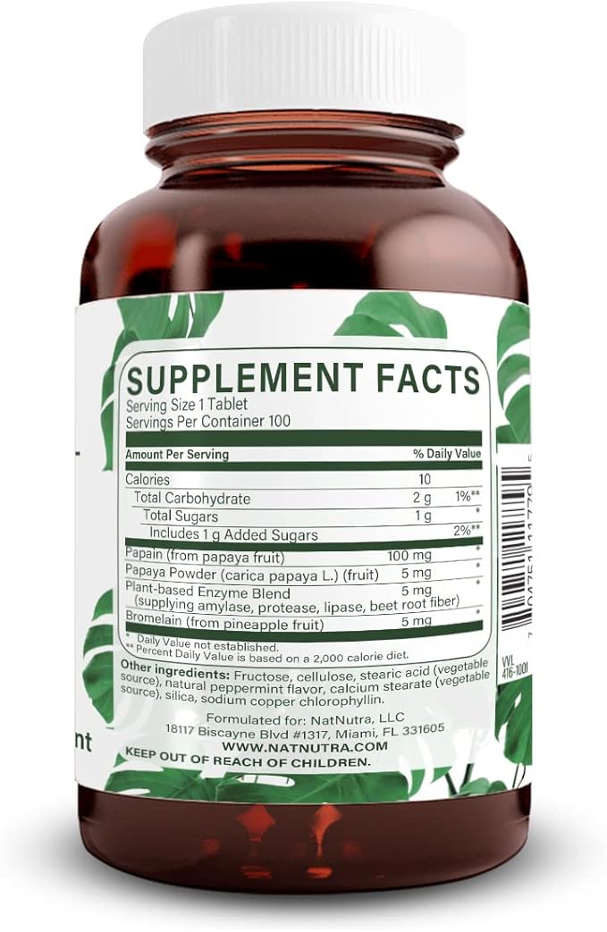 Natural Nutra Chewable Peppermint Digestive Enzyme Supplement, Help to Relieve Gas, Indigestion, and Other Digestive discomforts, Stomach Calmness, Papaya (Papain), Vegan and Vegetarian, 100 Tablets