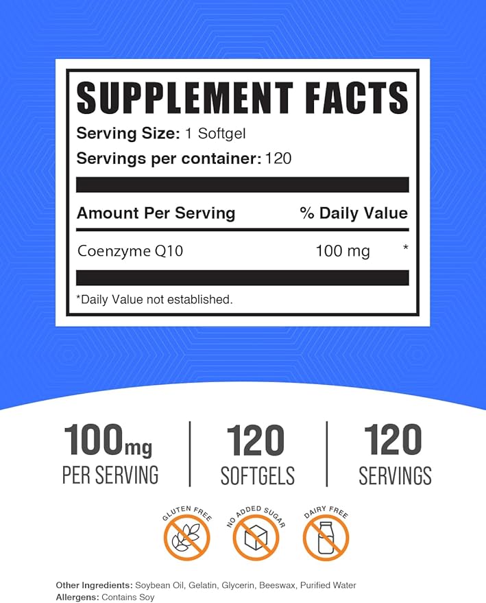 BulkSupplements.com CoQ10 100mg Softgels - Coenzyme Q10 100mg Supplement, for Heart Health - Gluten Free, 1 Softgel per Serving, 120 Count (Pack of 1)