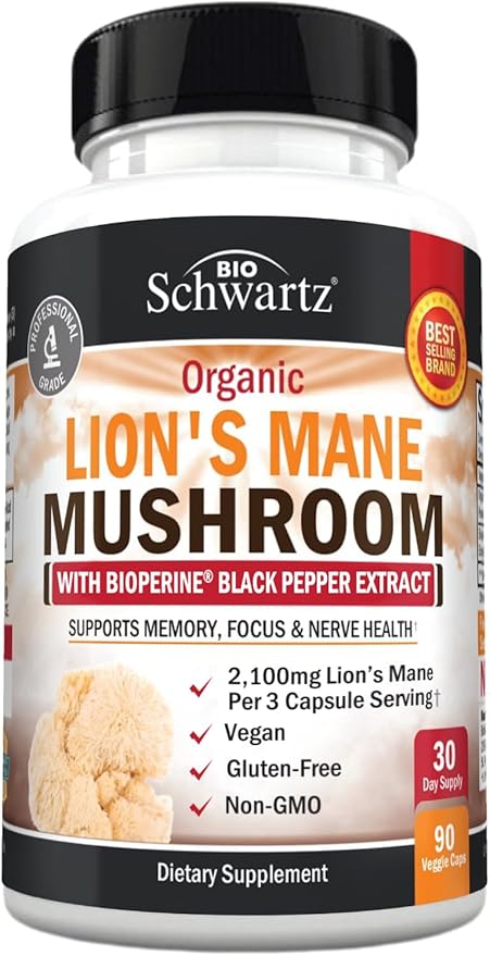 BioSchwartz Organic Lions Mane Supplement Capsules (90 Count) 2100mg Lions Mane Mushrooms with BioPerine for Max Absorption, Active Compound Verified, Nootropic Brain Supplements for Memory and Focus