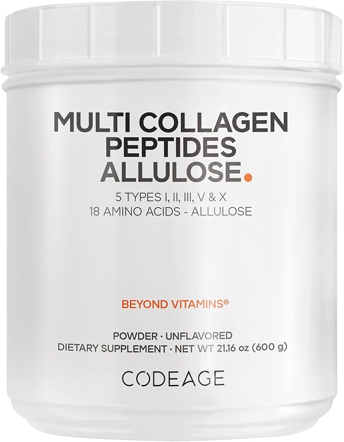 Codeage Multi Collagen Peptides Powder + Allulose - 5 Types - Grass-Fed Collagen - Rare Sugar Allulose Supplement - 0 Calorie Sweetener & 0 Carbs - 18 Amino Acids - Unflavored - Non-GMO - 30 Servings