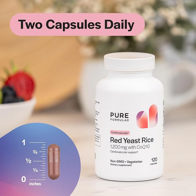 PureFormulas Extra Strength Red Yeast Rice 1200mg with CoQ10 100mg, Cholesterol Support Supplement, Citrinin-Free, Non-GMO, Gluten-Free, 120 Capsules (2 Months Supply)