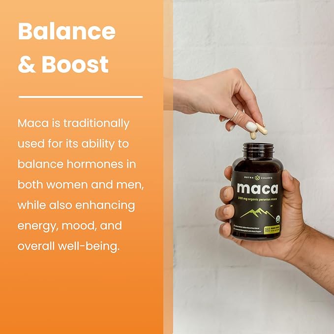 NutraChamps USDA Organic Maca Root Capsules for Women & Men, 2100mg, 180 Capsules, Black, Red & Yellow Peruvian Gelatinized, Highest Potency Maca Root Powder Supplement