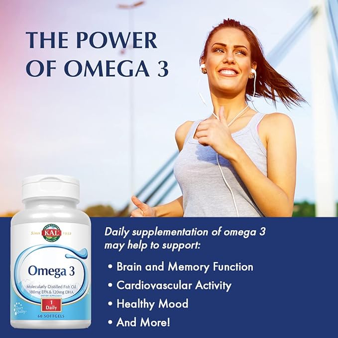 KAL Omega 3 | Omega-3 Fish Oil for Healthy Heart, Joint & Brain Support | 180mg EPA, 120mg DHA (120 CT, 120 Serv)