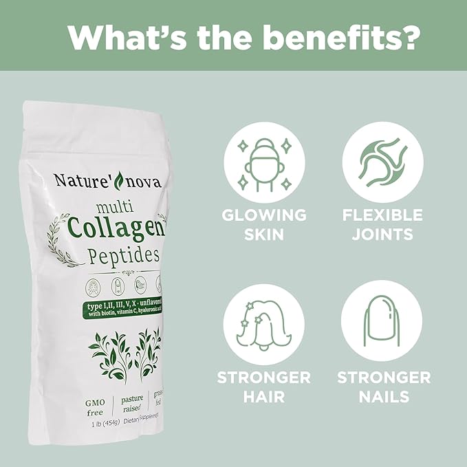 Nature's Nova Multi Collagen Peptides Powder - Type I,II,III,V,X with Biotin, Hyaluronic Acid, Vitamin C - Unflavored, Easily Dissolved, Non-GMO