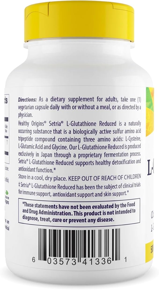 Healthy Origins L-Glutathione 500 mg (Setria, Non-GMO, Gluten Free, Antioxidant, Immune Support, Skin Support), 60 Veggie Caps