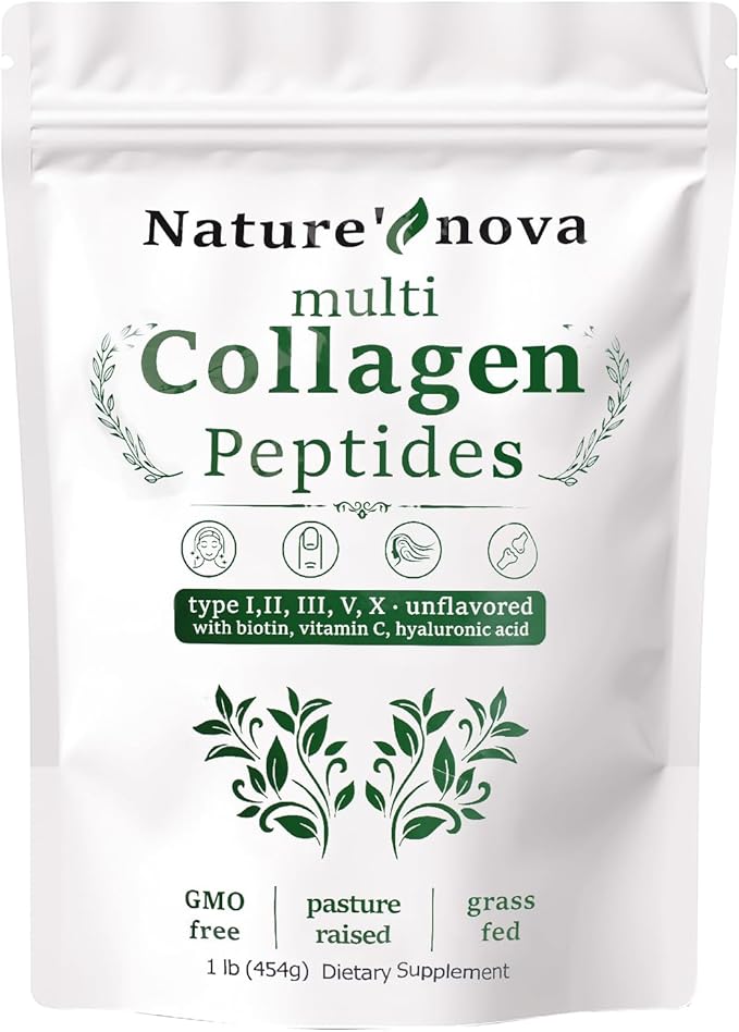 Nature's Nova Multi Collagen Peptides Powder - Type I,II,III,V,X with Biotin, Hyaluronic Acid, Vitamin C - Unflavored, Easily Dissolved, Non-GMO
