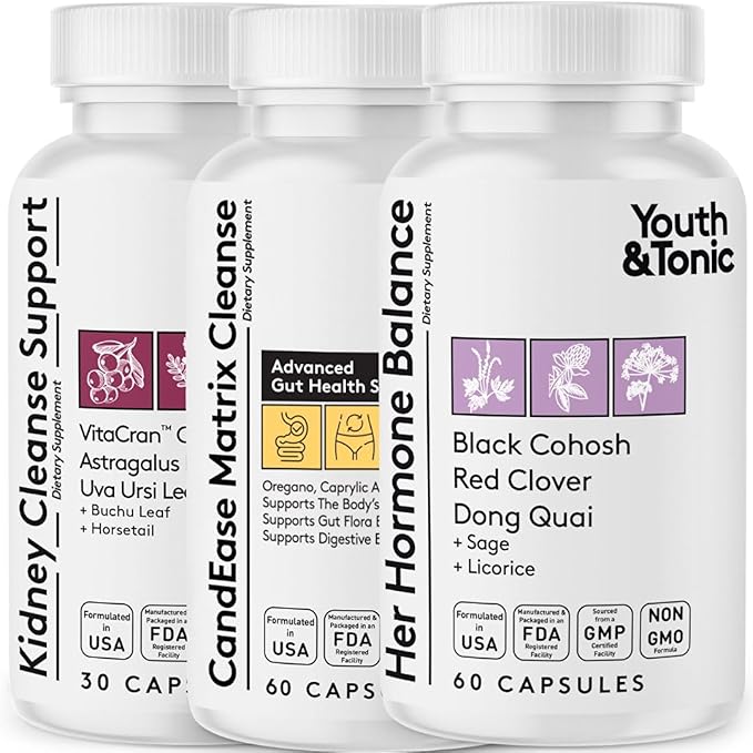 Hormone Balance & CandEase Matrix & Kidney Cleanse Bundle 3 Pack for Woman | Female All Stages Hormonal & Digestive Imbalance Support