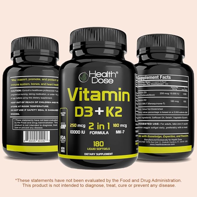 Vitamin D3 10,000 IU + K2 (MK7) Supplement, 2-in-1 Formula, Immune Support, a Healthy Mood, Heart, Joint, Teeth, Bone Health, Calcium Absorption, 180 softgels. (2)