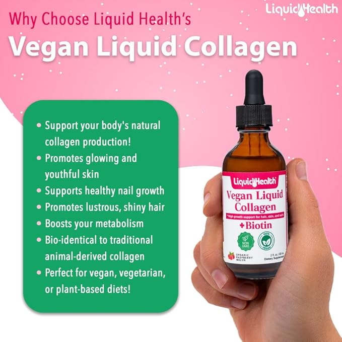 LIQUIDHEALTH 100% Vegan Collagen Plus Biotin 100,000mcg Liquid Drops - Plant-Based Liquid Collagen for Women & Men - Hair & Nail Growth, Skin Health, Boosts Metabolism - Made in USA, Non-GMO (3 Pack)