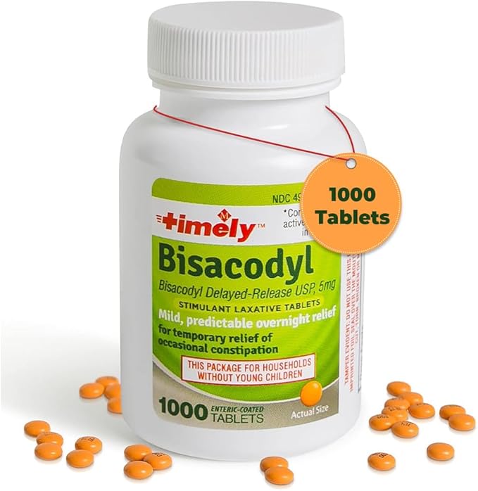 Timely Laxative Bisacodyl 5mg Tablets - Stimulant Laxatives for Constipation Fast Acting & Gentle - Overnight Constipation Relief for Adults - Compare to Active Ingredients in Dulcolax - 1000 Tablets