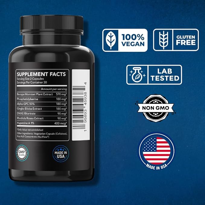 Nootropic Brain Support Supplement, Mind Elements, Boost Focus, Memory, Concentration, Clarity with Bacopa Monnieri, Alpha GPC, DMAE, Huperzine 60 Capsules