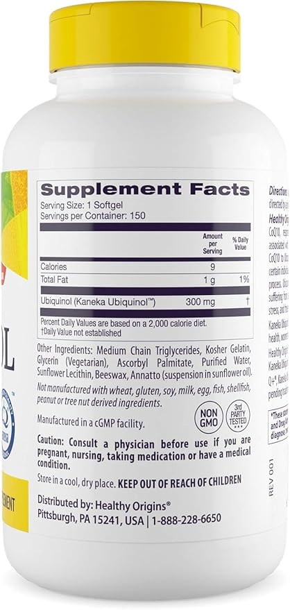 Healthy Origins Ubiquinol (Active Form of CoQ10), 300 mg - Kaneka Ubiquinol Supplements for Heart Health & Antioxidant Support - Gluten-Free & Non-GMO Supplement - 150 Softgels