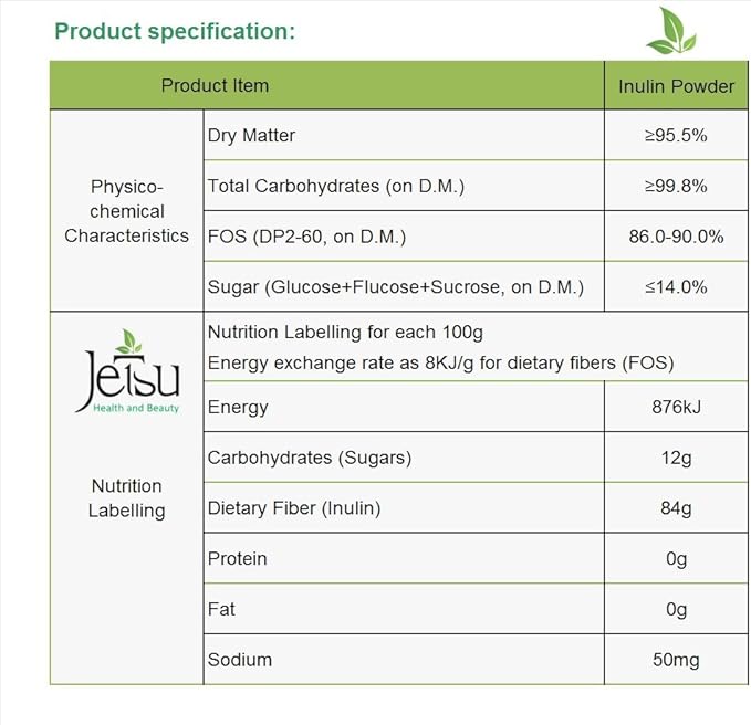 Jetsu Inulin Powder Organic Chicory Root (FOS) - Soluble Inulin Fiber Prebiotic Intestinal Support, Enhances Calcium Absorption, Stimulates Friendly Bacteria, Promotes Prebiotic Growth, 8oz