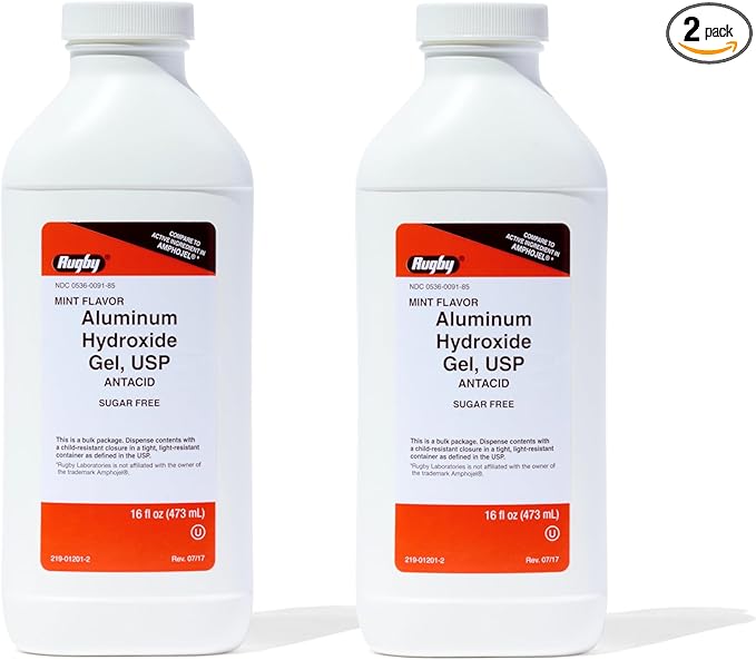 Rugby 320 mg Aluminum Hydroxide Gel, USP - Antacid Liquid - Upset Stomach, Acid Indigestion, and Heartburn Relief - Sugar-Free - Mint Flavored - 16 Fl. Oz. (2 Pack)