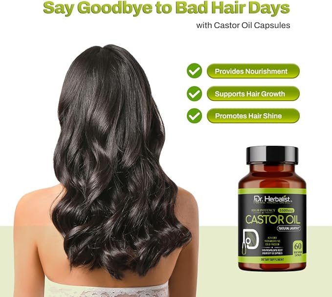 Dr. HERBALIST Castor Oil Capsules - 1600mg per Serving, 60 Count - Non-GMO, Fast-Absorbing, Vegetarian, Cold-Pressed, and High Potency - Supports Skin, Hair, Natural Laxatives and Digestive Health