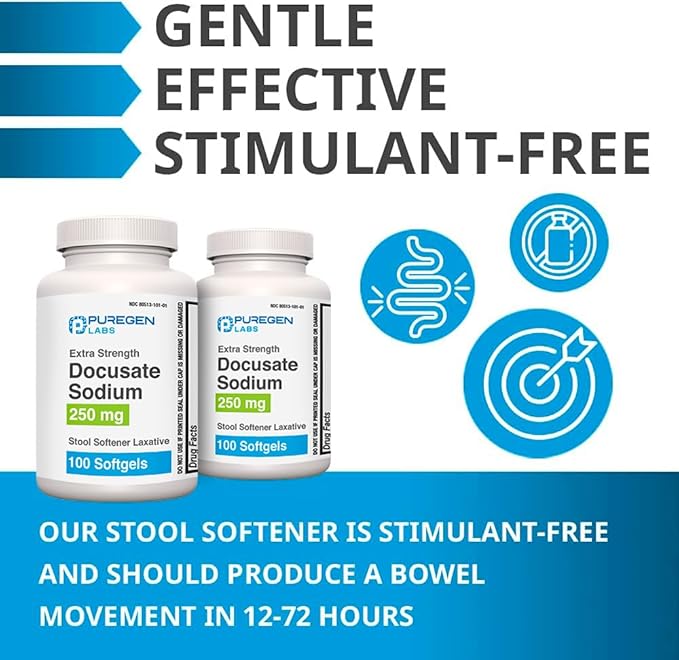 Docusate Sodium 250mg Stool Softener Laxative 200 softgels Total Gentle Constipation Relief Extra Strength Stimulant Free 2 Pack