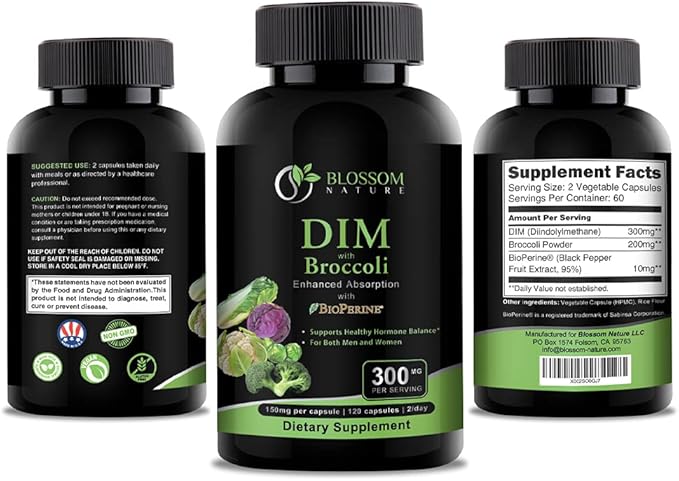 DIM Supplement 300mg with Broccoli 200mg BioPerine 10mg-Hormone and Estrogen Balance for Women & Men,Menopause Relief,PCOS & PMS Support,Hormonal Acne Treatment-120 Caps,Diindolylmethane 150mg per Cap
