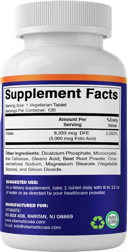 Vitamatic Folic Acid 5mg (5000 mcg) – 120 Vegetarian Tablets per Bottle | Pack of 2 (Total 240 Tablets) Vitamin B9 (Folate) | Supports Heart Health, Brain Function, and Prenatal Wellness