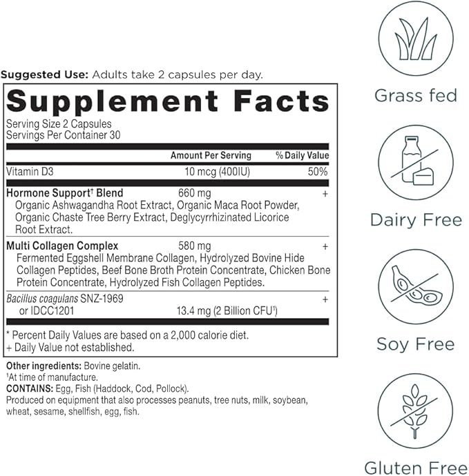 Ancient Nutrition Hormone Balance + Collagen Supplement, Hydrolyzed Collagen Peptides, Key Clinically Validated Ingredient to Support Balanced Hormones and Boost Energy, 60 Capsules