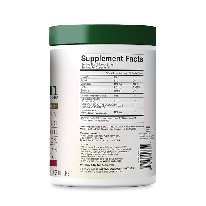 Great Lakes Wellness Beauty Boost Advanced Collagen Peptides Powder with Hyaluronic Acid, Biotin, Vitamin C - Skin Elasticity and Hydration - Raspberry Lemonade Flavor - Non-GMO, Keto, Kosher - 8 oz