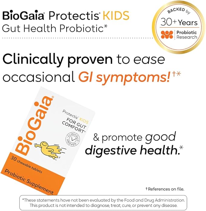 BioGaia Protectis Chewable Tablets for Toddlers, Kids, and Teens Occasional Stomach Pain, Constipation, Diarrhea, and Regularity, 30 Tablets, 2 Pack