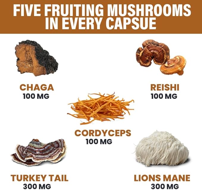 Lions Mane 300mg Turkey Tail 2000mg Cordyceps Chaga 1000mg Reishi 1000mg Maitake Meshima Poria Cocos Shiitake Oyster Porcini Enoki Mushroom Supplement (60Ct)