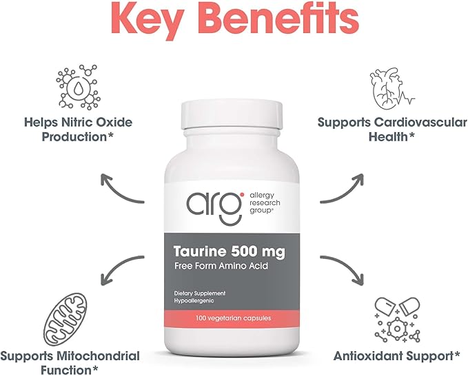Allergy Research Group Taurine 500mg Supplement - Cardiovascular Support, Free Form Amino Acid, Pure, Organic, Vegetarian Capsules - 100 Count