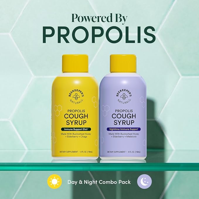 Beekeeper's Naturals Propolis Honey Cough Syrup – Adult Daytime & Nighttime Value Pack – Elderberry, Bee Propolis, Buckwheat Honey – Immune Support & Throat Soothing, Two Pack, 2 x 4 fl oz